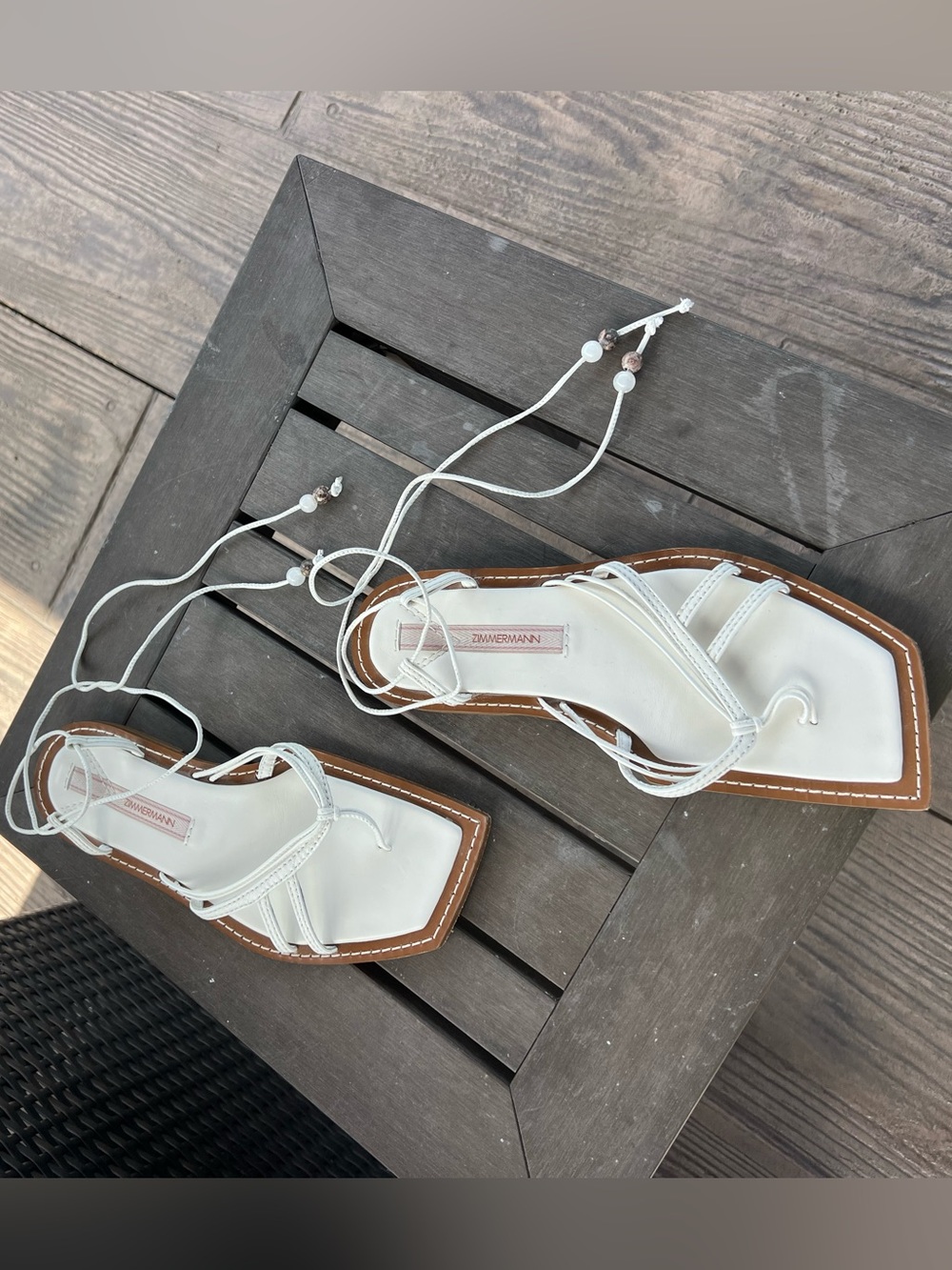 Zimmermann Skinny Strap Tie Flat Sandals, off-white, size 40 / US 10